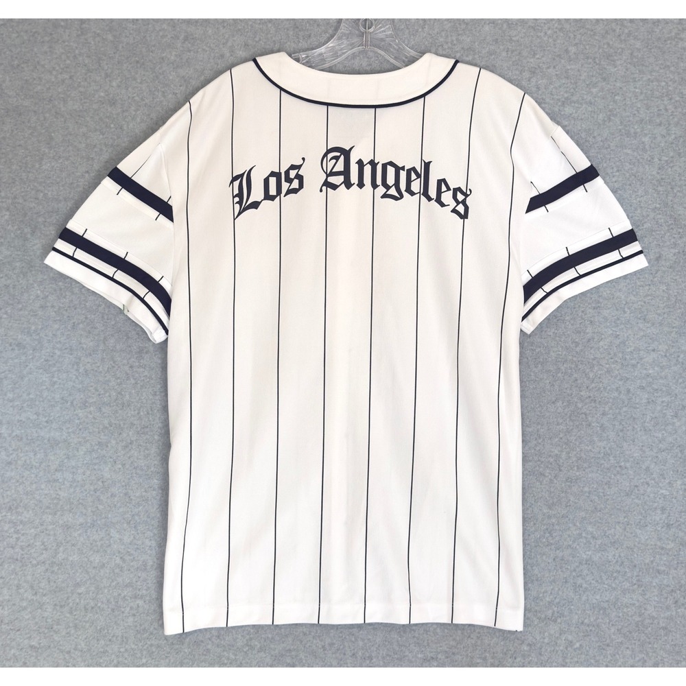 Primark Baseball Jersey Men Medium White Pinstripe Los Angeles LA Button Up READ